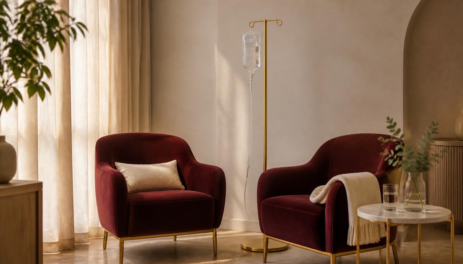 Two burgundy velvet armchairs beside a brass IV drip stand in the Bespoke Skin infusion lounge