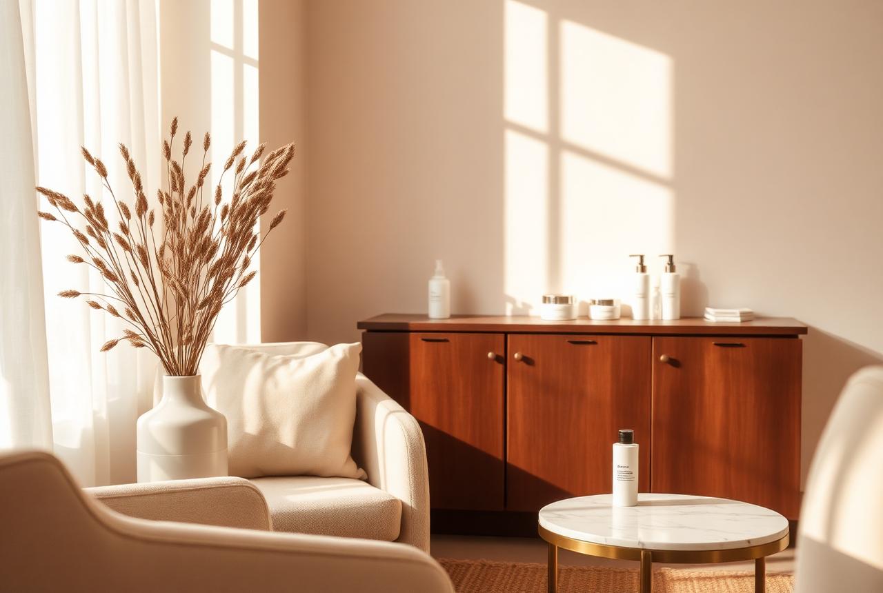 The members' lounge at Bespoke Skin, with linen armchairs and skincare on a marble table